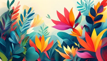 Wall Mural - Vibrant Abstract Floral and Leaf Illustration Representing Growth and Creativity in a Dynamic Setting