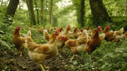 Canvas Print -   A flock of chickens strolling through a verdant forest with towering trees