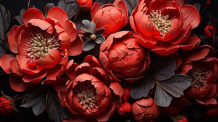 Wall Mural - Red peonies on a black background.