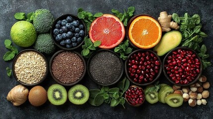 Sticker -   Fruits and veggies line up on a black background, gray backdrop