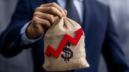 Businessman holding dollar money bag and red arrow of growth. Achieving a high return on investment signifies successful financial endeavors. Rising interest rates. Growth of profits and income.