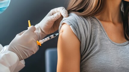 Close up of woman getting injected with a vaccine in upper arm