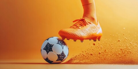 Wall Mural - Dynamic soccer cleat in motion with a ball on a glowing field at night