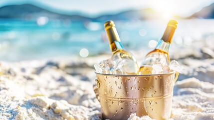 Two bottles of white wine in an ice bucket on the beach with a beautiful blurred ocean view in the background.