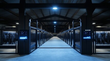 Poster - A modern facility interior with illuminated pathways and digital interfaces, suggesting an advanced operational environment.
