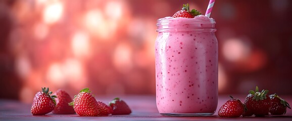 Wall Mural - Pink strawberry smoothie in a jar with fresh strawberries on a table with a blurred background.