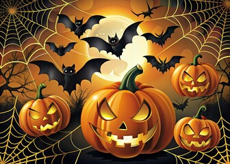 Wall Mural - Intricate Halloween-Themed Clip Art Featuring A Spooky And Festive Design With Bats, Pumpkins, And Cobwebs.