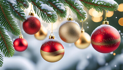 Christmas tree branches decorated with red and gold ornaments covered with snow on a snowy background