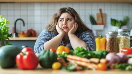 Thoughtful woman in gray shirt sitting at kitchen table surrounded by colorful fresh vegetables contemplating healthy choices