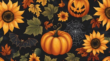 Wall Mural - festive autumn halloween seamless design with glitter pumpkins bats spider webs sunflowers fall leav