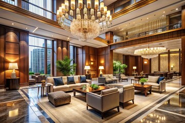 Luxurious hotel lobby with sleek modern furniture, rich wood accents, and stunning chandelier, designed by a renowned hospitality interior design firm, exuding opulence and sophistication.