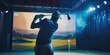 © AkuAku - Closeup of a professional male golfer playing golf indoors in a golf simulator with a training field screen