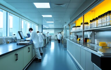 Poster - A modern laboratory with scientists conducting research and experiments.
