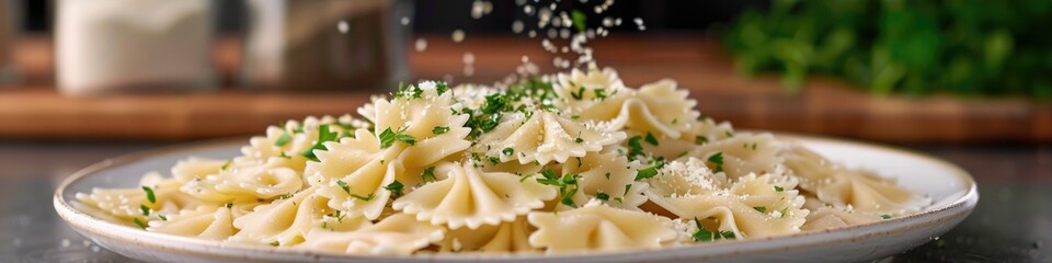 Wall Mural - Sprinkling parsley flakes over bowtie pasta on a surface in a studio environment