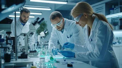 Poster - Scientists in lab coats conducting research with lab equipment and samples in a modern laboratory setting.