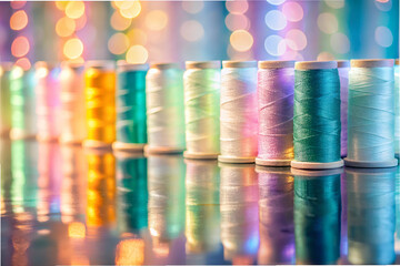 Wall Mural - A row of colorful spools of thread are lined up on a table. The spools are of various colors, including green, pink, and yellow. Concept of creativity and craftsmanship