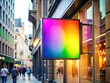 © Four888 - Modern mockup of a bright and colorful store sign against a blurred city street background, perfect for advertising and retail branding concepts.