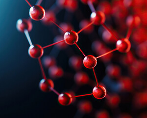 Close-up of a molecular structure showcasing interconnected red spheres on a dark background, symbolizing scientific innovation.