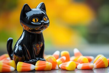 Sticker - A black ceramic cat figurine surrounded by colorful candy corn on a blurred autumn background.