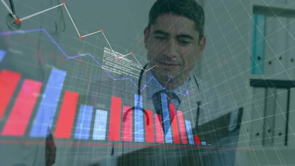 Poster - Animation of statistics and data processing over biracial male doctor