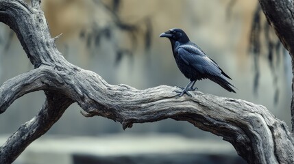 Canvas Print - A solitary raven perched on a twisted branch, set against a blurred background.