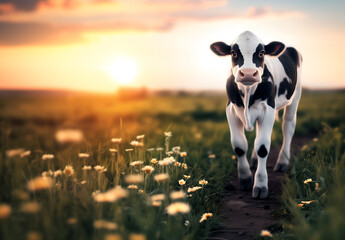 portrait of a cute black & white baby cow posing on the meadow during sunset; copy space; widescreen backdrop