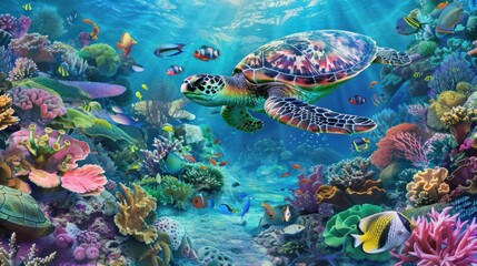 Sea Turtle Swimming Through a Vibrant Coral Reef