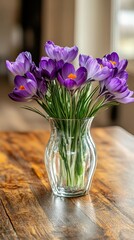 Wall Mural - Purple crocuses in a glass vase on wooden table, vibrant floral arrangement. Home decor and springtime concept