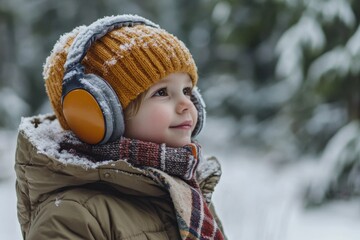 Child enjoying winter weather in cozy clothing and earmuffs on a cold day