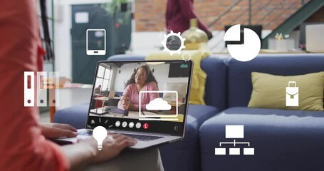 Poster - Animation of media icons over diverse colleagues having video call in office