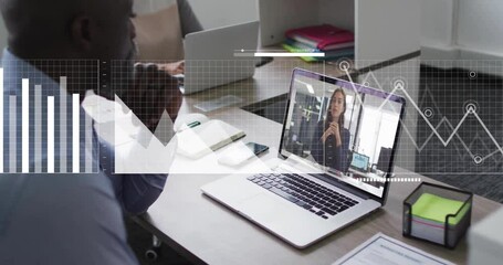 Poster - Animation of data processing over diverse colleagues having video call in office