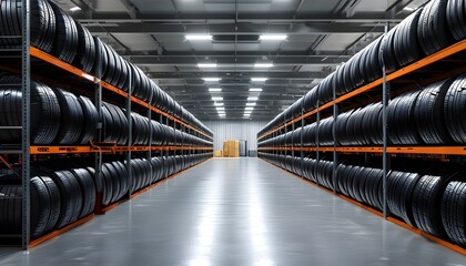 Sleek Modern Tire Warehouse Showcasing Rows of Black Tires and Innovative Industrial Storage Solutions