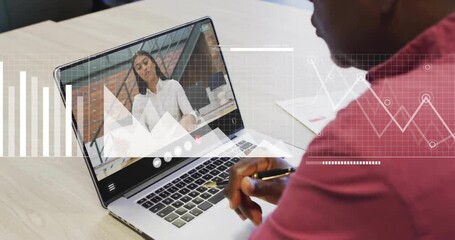 Poster - Animation of data processing over diverse colleagues having video call in office