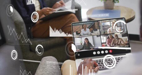 Poster - Animation of data processing over diverse colleagues having video call in office