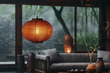 Wall Mural - A warm, glowing paper lantern hangs from the ceiling in a cozy living room with a view of a lush, green garden.