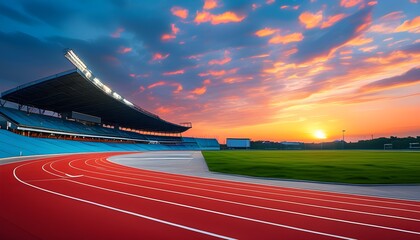 Dynamic sports arena showcasing vibrant track lines beneath a striking sky, perfect backdrop for sports gear promotions or athletic event advertising