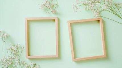 Two wooden photo frames of the same size placed on the left and right sides of the picture, light green background and small flowers decoration