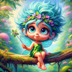 Wall Mural - Happy colored fairy sitting on a tree trunk, with magic wand