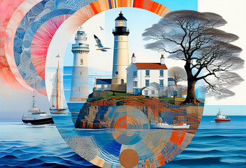 creative collage with lighthouse, tree and yacht, art picture for design