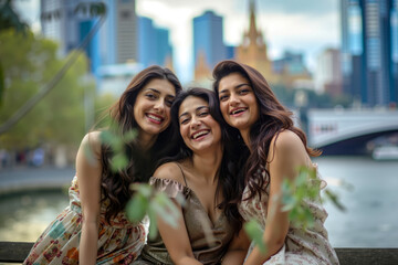 A group of three women sitting on a bench in front of a city skyline