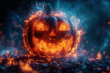 A jack-o'-lantern pumpkin with a scary face is engulfed in flames with smoke and embers rising around it against a dark blue background.