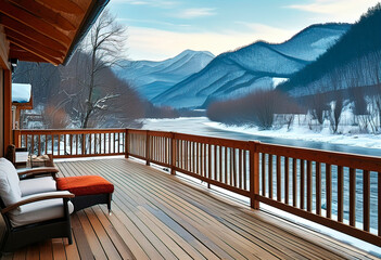 Wall Mural - View of the patio terrace of a vacation home with a picturesque view of nature, forest, trees and mountains,