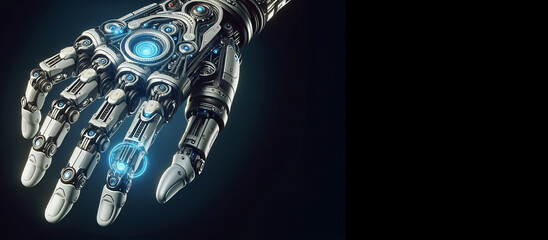 Detailed close-up of a futuristic robotic hand with illuminated blue elements highlighting advanced technology.