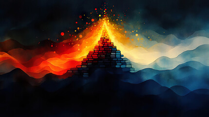 A watercolor painting of a pyramid in the middle of the canvas, with a glowing light at the top, surrounded by stylized mountains in warm and cool tones. Generated with AI.