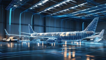 Wall Mural - Futuristic blue wireframe illustration of an airplane in front of a hangar in a digital aviation scene