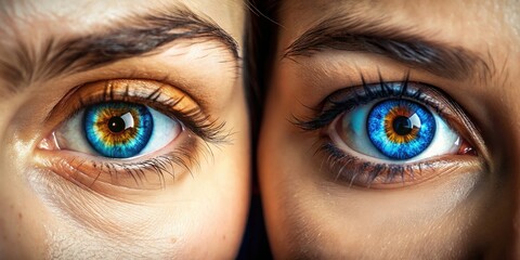 Two pairs of eyes, one with bright blue irises and the other with warm brown, gaze intensely, conveying curiosity, focus, and deep emotional connection.