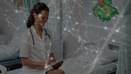 Poster - Animation of network of connections over caucasian female doctor using tablet