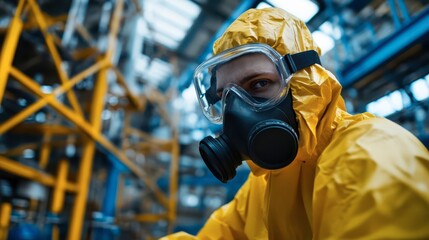 Worker in protective gear at industrial site during safety procedures