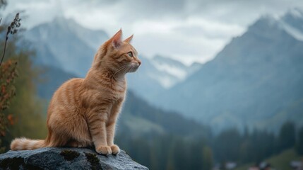 Orange Cat Sitting on a Rock with a Mountain View