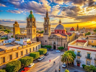 Vibrant colonial cityscape of Aguascalientes, Mexico, featuring historic architecture, ornate churches, and lively street scenes in warm, sun-kissed daylight.